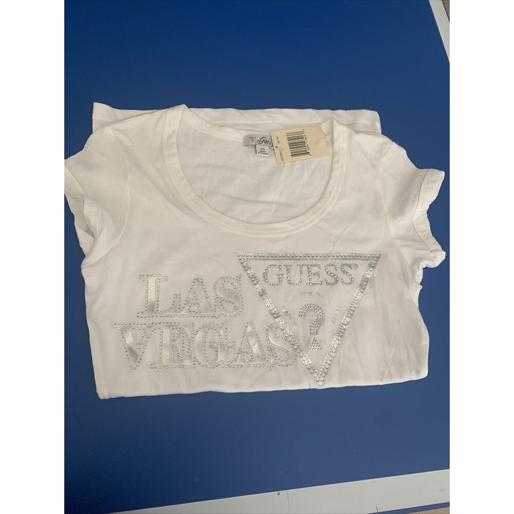 NWT GUESS 4 Corner V neck Graphic Top T Tee White XS